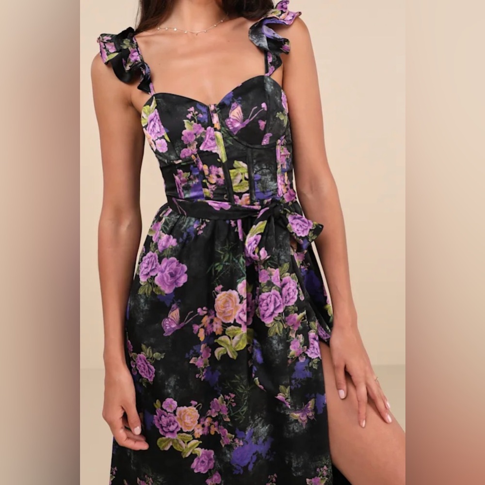 Lulu's Black and Purple Floral Midi Dress - Picture 3 of 4